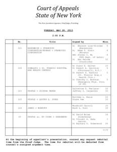 Court of Appeals State of New York The Hon. Jonathan Lippman, Chief Judge, Presiding TUESDAY, MAY 28, 2013 2:00 P.M.