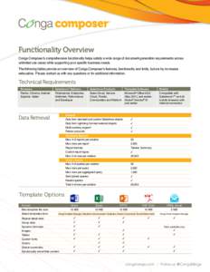 Functionality Overview Conga Composer’s comprehensive functionality helps satisfy a wide range of document-generation requirements across unlimited use cases while supporting your specific business needs. The following