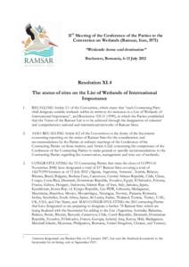 11th Meeting of the Conference of the Parties to the Convention on Wetlands (Ramsar, Iran, 1971) “Wetlands: home and destination” Bucharest, Romania, 6-13 JulyResolution XI.4