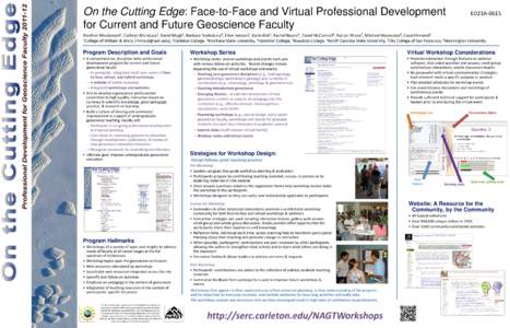 On the Cutting Edge: Face-to-Face and Virtual Professional Development for Current and Future Geoscience Faculty ED23A[removed]Heather Macdonald1, Cathryn Manduca2, David Mogk3, Barbara Tewksbury4, Ellen Iverson2, Karin Ki