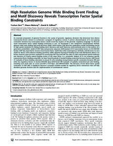 High Resolution Genome Wide Binding Event Finding and Motif Discovery Reveals Transcription Factor Spatial Binding Constraints Yuchun Guo1,2, Shaun Mahony2*, David K. Gifford2* 1 Computational and Systems Biology Program