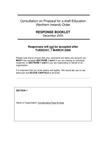 Consultation on Proposal for a draft Education (Northern Ireland) Order RESPONSE BOOKLET DecemberResponses will not be accepted after