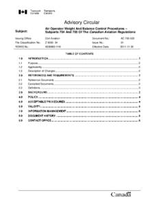 Advisory Circular Subject: Air Operator Weight And Balance Control Procedures – Subparts 704 And 705 Of The Canadian Aviation Regulations