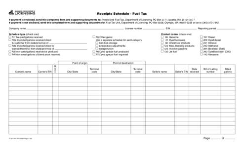 Click here to START or CLEAR, then hit the TAB button  Receipts Schedule - Fuel Tax If payment is enclosed, send this completed form and supporting documents to: Prorate and Fuel Tax, Department of Licensing, PO Box 3777