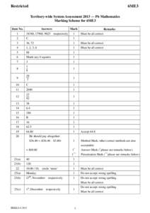 Restricted  6ME3 Territory-wide System Assessment 2013 — P6 Mathematics Marking Scheme for 6ME3