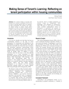    Making Sense of Tenant’s Learning: Reflecting on tenant participation within housing communities Behrang Foroughi Saint Francis Xavier University