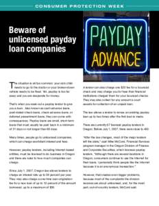 CONSUMER PROTECTION WEEK  Beware of unlicensed payday loan companies