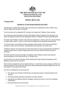 THE HON PETER DUTTON MP MINISTER FOR HEALTH MINISTER FOR SPORT MEDIA RELEASE 19 August 2014