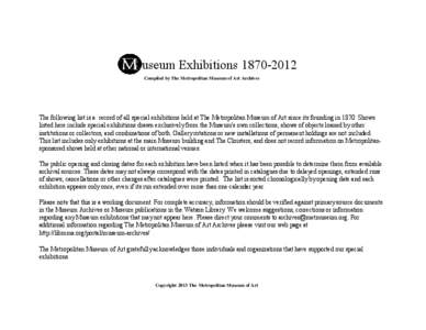 useum Exhibitions[removed]Compiled by The Metropolitan Museum of Art Archives