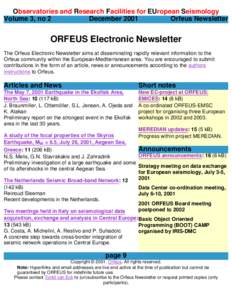 Observatories and Research Facilities for EUropean Seismology Volume 3, no 2 December 2001 Orfeus Newsletter  ORFEUS Electronic Newsletter