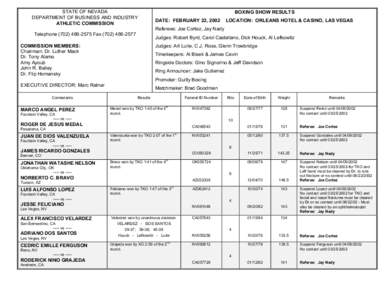 STATE OF NEVADA DEPARTMENT OF BUSINESS AND INDUSTRY ATHLETIC COMMISSION Judges: Art Lurie, C.J. Ross, Glenn Trowbridge Timekeepers: Al Bisek & James Cavin