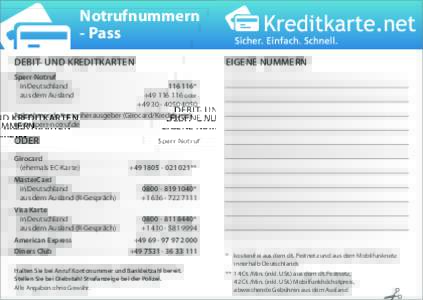 Notrufnummern - Pass DEBIT- UND KREDITKARTEN Sperr-Notruf in Deutschland aus dem Ausland