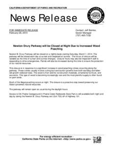 CALIFORNIA DEPARTMENT OF PARKS AND RECREATION  News Release FOR IMMEDIATE RELEASE February 28, 2014