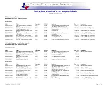 Instructional Materials Current Adoption Bulletin Current Year = [removed]Pre-K Learning System Implemented:[removed]Expires: [removed]SBOE Adopted ISBN