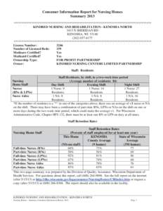 Consumer Information Report for Nursing Homes Summary 2013 ************************************************************************************** KINDRED NURSING AND REHABILITATION - KENOSHA NORTH 3415 N SHERIDAN RD KENO