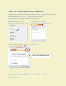 Printing and Creating Images from the Dashboards The best way to create images for print and other uses is screen capture software. We used Snagit by TechSmith for our screen captures here. Following are the options prov