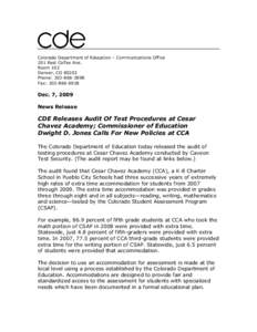 Auditing / United States / Cesar Chavez Academy / César Chávez / Financial audit / Colorado Department of Education / Audit / Business / Education in Colorado / Education in the United States / Colorado Student Assessment Program