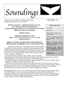Soundings American Cetacean Society- Monterey Bay Chapter PO Box H E, Pacific Grove, CAMONTHLY MEETING AT HOPKINS MARINE STATION, LECTURE HALL BOAT WORKS BUILDING