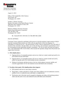 August 11, 2010 Office of the Comptroller of the Currency 250 E Street, SW Washington, D.C[removed]Jennifer J. Johnson, Secretary Board of Governors of the Federal Reserve System