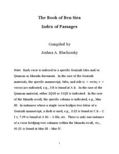 The Book of Ben Sira Index of Passages Compiled by Joshua A. Blachorsky