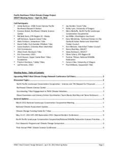   Pacific Northwest Tribal Climate Change Project   DRAFT Meeting Notes – April 25, 2012    Call Participants  • Jamie Barbour, USDA Forest Service Pacific 