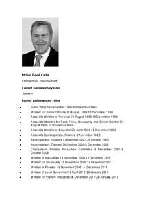 Rt Hon David Carter List member, National Party Current parliamentary roles Speaker Former parliamentary roles 