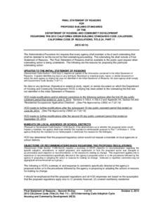 FINAL STATEMENT OF REASONS FOR PROPOSED BUILDING STANDARDS OF THE DEPARTMENT OF HOUSING AND COMMUNITY DEVELOPMENT REGARDING THE 2013 CALIFORNIA GREEN BUILDING STANDARDS CODE (CALGREEN)