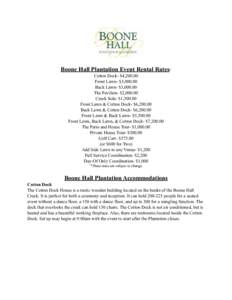 Boone Hall Plantation Event Rental Rates* Cotton Dock- $4,Front Lawn- $3,Back Lawn- $3,The Pavilion- $2,Creek Side- $1,500.00