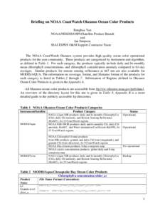 Briefing on NOAA CoastWatch Okeanos Ocean Color Products Banghua Yan NOAA/NESDIS/OSPO/Satellite Product Branch and Ian Simpson SSAI ESPDS O&M Support Contractor Team
