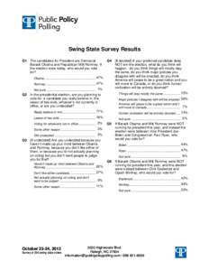 Swing State Survey Results Q1 The candidates for President are Democrat Barack Obama and Republican Mitt Romney. If the election were today, who would you vote