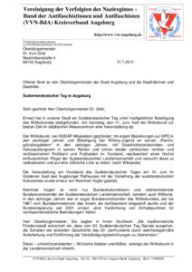 Vereinigung der Verfolgten des Naziregimes Bund der Antifaschistinnen und Antifaschisten (VVN-BdA) Kreisverband Augsburg http://www.vvn-augsburg.de VVN-BdA Kreisverband Augsburg, c.o. Dr.H.Munding, Kirchbergstr. 40, 8615