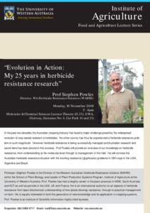 Institute of  Agriculture Food and Agriculture Lecture Series  “Evolution in Action:
