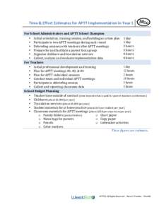 Time	
  &	
  Effort	
  Estimates	
  for	
  APTT	
  Implementation	
  in	
  Year	
  1	
  	
   	
   For	
  School	
  Administrators	
  and	
  APTT	
  School	
  Champion • Initial	
  orientation,	
  tr