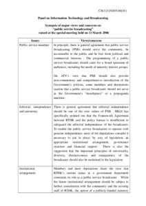 CB[removed]) Panel on Information Technology and Broadcasting Synopsis of major views and concerns on “public service broadcasting” raised at the special meeting held on 11 March 2006 Issues