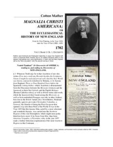 Cotton Mather, Magnalia Christi Americana; or The Ecclesiastical History of New-England, vol. 1, Book 1, excerpts, 1702