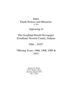 Index Death Notices and Obituaries (2,784) Appearing in The Goodland Herald Newspaper