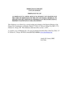 ORDINANCE SUMMARY CITY OF OTSEGO ORDINANCE NO. 155 AN ORDINANCE TO AMEND ARTICLE III, DIVISION 2 OF CHAPTER 10 OF THE CODE OF ORDINANCES OF THE CITY OF OTSEGO, MICHIGAN, TO PROVIDE FOR THE ADOPTION BY REFERENCE OF THE IN