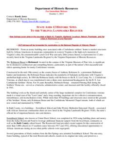 Department of Historic Resources For Immediate Release October 1, 2013 Contact: Randy Jones Department of Historic Resources[removed] / [removed]