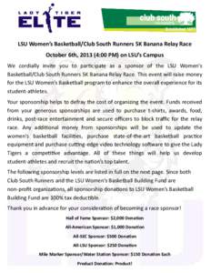LSU Women’s Basketball/Club South Runners 5K Banana Relay Race October 6th, [removed]:00 PM) on LSU’s Campus We cordially invite you to participate as a sponsor of the LSU Women’s Basketball/Club South Runners 5K Ban