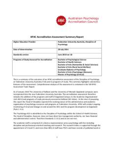 APAC Accreditation Assessment Summary Report Higher Education Provider Federation University Australia, Discipline of Psychology