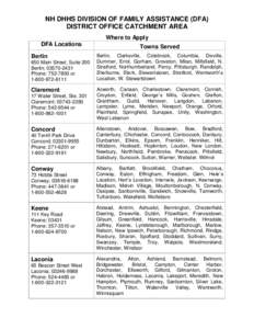 NH DHHS DIVISION OF FAMILY ASSISTANCE (DFA) DISTRICT OFFICE CATCHMENT AREA Where to Apply DFA Locations Berlin 650 Main Street, Suite 200