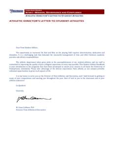 STUDENT-ATHLETE HANDBOOK  SECTION 1 – MISSION, GOVERNANCE AND COMPLIANCE ATHLETIC DIRECTOR’S LETTER TO STUDENT-ATHLETES  ATHLETIC DIRECTOR’S LETTER TO STUDENT-ATHLETES