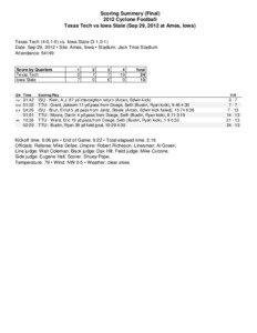 Scoring Summary (Final[removed]Cyclone Football Texas Tech vs Iowa State (Sep 29, 2012 at Ames, Iowa)