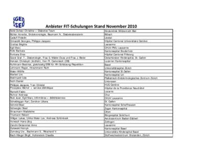 Anbieter FIT-Schulungen Stand November 2010 Aebi-Ochser Christine + Diabetes Team Bühler Annette, Endokronologie, Baumann N., Diabetesberaterin Caduff Fridolin Cimazelli Georges, Philippe Jacques Crottaz Brigitte