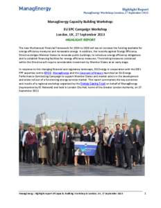 Highlight Report ManagEnergy Workshop: London, 27 September 2013 ManagEnergy Capacity Building Workshop: ‘SEAP – EU EPC Campaign Workshop