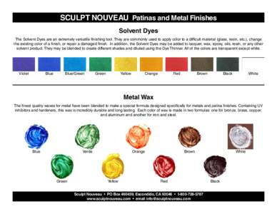 SCULPT NOUVEAU Patinas and Metal Finishes Solvent Dyes The Solvent Dyes are an extremely versatile finishing tool. They are commonly used to apply color to a difficult material (glass, resin, etc.), change the existing c