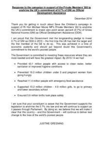 Response to the campaign in support of the Private Members’ Bill to enshrine the UK’s commitment of 0.7% of GNI as Official Development Assistance