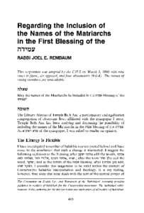 Regarding the Inclusion of the Names of the Matriarchs in the First Blessing of the ,,.,~17  RABBI JOEL E. REMBAUM