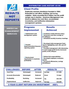 DISTRIBUTOR CASE HISTORY #2156  Client Profile Duplicator machine distributor founded in[removed]Expanded to sell office, drafting, and survey supplies. Sales exceeded $3.5 million, but the profit