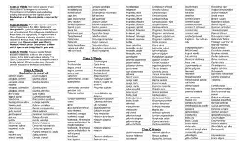 Class A Weeds: Non-native species whose distribution in Washington is still limited. Preventing new infestations and eradicating existing infestations are the highest priority. Eradication of all Class A plants is requir